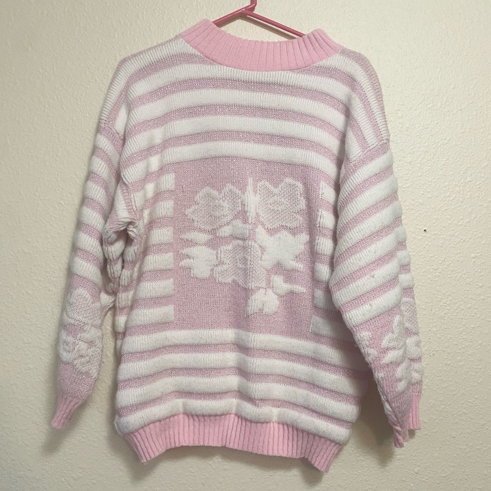 Private Eyes 1980s Pink & White Sparkle Striped Sweater Size L